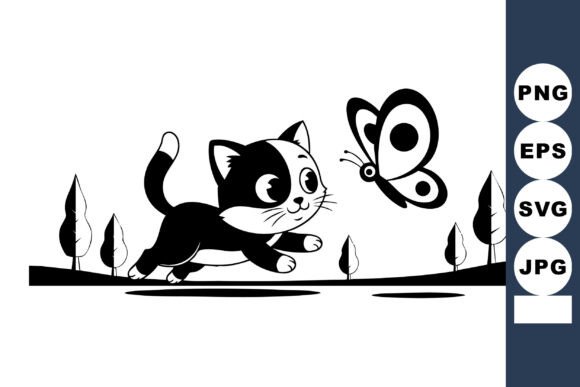 Black and White Cat Chasing Butterflies