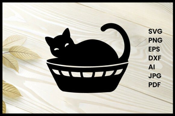 Cat Curled in Basket Silhouette Vector Review