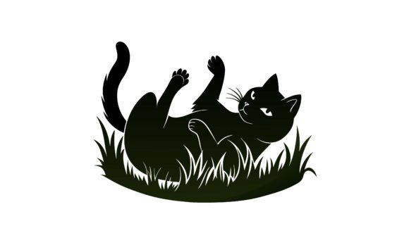 Playful Black Cat Reclining in the Grass