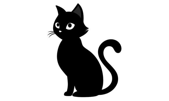 Sitting Black Cat Illustration on White